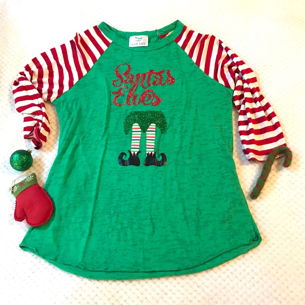 COPY - Christmas Santa’s Elves burnout striped 1/4” sleeves Sm